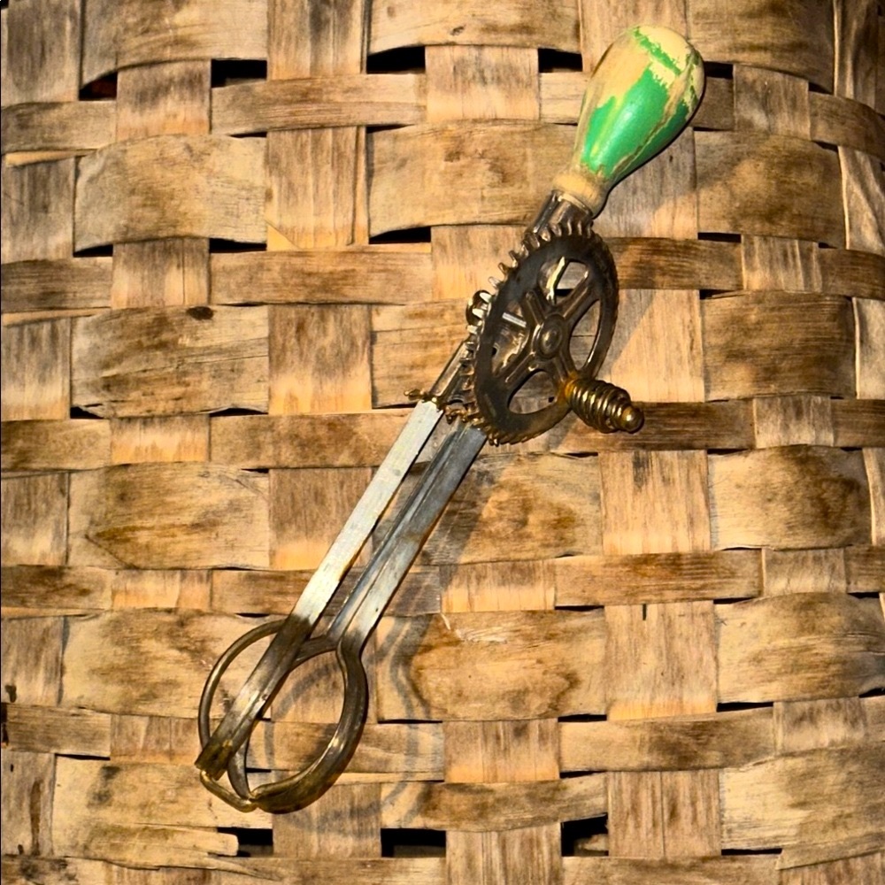Vintage Handheld Egg Beater with Green Handle
